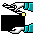 Pixelated animation of a white hand with cyan accents extending toward black rectangular shapes, each containing small yellow squares and white dots.