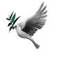 Animated sequence of a white bird with dark wingtips holding green leaves in its beak, transitioning through multiple flight poses against gray background.