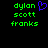 Green pixelated text 'dylan scott franks' on black background with a blue heart symbol next to the first name in one view.