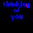 Blue pixelated text reading 'thinking of you' on black background with red pixel clusters appearing and disappearing near 'thinking' across frames.