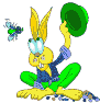 Animated yellow rabbit with blue vest and green pants holds a green hat, sitting cross-legged while a small insect hovers nearby.