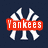 A split-screen buddy icon with a dark blue left showing the Yankees logo and text, and a right depicting a baseball player in action