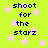 Bright green background with pink stars and blue text reading "shoot for the starz" in pixelated font.