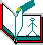 A pixelated animation of a book with red and teal borders, showing a stick figure inside that changes poses across frames.