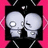 Pixelated icon shows two white skulls with glowing eyes against black background, pink border, blue text "ly maddie" and "pey &joel" on bright pink field.