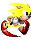 Pixelated yellow hedgehog with white gloves and red shoes in four sequential poses showing motion blur effects on limbs.