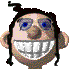 Pixelated cartoon head with blue eyes, brown nose, wide white-toothed grin, black hair in two braids tied at top, and light skin tone.