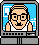 Pixelated cartoon character with glasses and mustache appears in six , showing varied poses including raised arms and a black screen