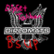 A pixelated icon with a black background on the left and red square on the right, featuring metallic structures, pink accents, and text elements.