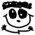 Pixelated black-and-white icon of a smiling face with large circular eyes, a small rectangular mouth, and curved lines forming a wide grin, with two star-like shapes below the mouth.