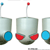 Three side-by-side pixelated alien head icons with rounded bodies, antennae, and circular eyes or mouth sections in blue or red.