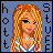 Pixel art icon of a cartoon woman with long blonde hair wearing a blue and white dress, set against a solid blue background with vertical text on both sides.