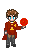 Pixel art character in red robe with yellow emblem holds red circular object, transitioning from hand to floating position across frames.