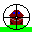 Pixelated circular icon with crosshairs shows a red house-like figure on green ground, transitioning through smoke and scattered red fragments.