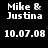 Pixelated white text on black background reads "Mike & Justina" and "10.07.08" in two , repeated across four identical