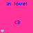 Pixelated pink background with blue 'in love!' text and blue '<3' symbols, plus cyan heart stacks in various positions.