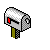 Animated contact sheet of a silver mailbox icon with red flag and green post, showing sequential hand interactions across 10 frames on gray background.