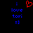 Blue pixelated text 'i love tori =]' on black background with red heart symbol above the text.