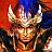 Pixelated static image of a figure with golden horns, wearing a red and blue patterned background.