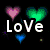 Pixelated icon with 'LoVe' text and three hearts on black background, featuring pink, green, and blue hearts.
