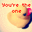 Pixelated image with red text reading 'You're the one' over a character with light skin, blue eyes, and a pink bow on the right side.