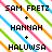 A static image with diagonal rainbow stripes background and black text listing names separated by plus signs, ending with 'MY LIFE' below a dashed line.