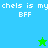 Pixelated text 'chels is my BFF' repeated across four colored quadrants with two star icons, one green and one blue.