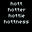 Pixelated text 'hott', 'hotter', 'hottie', and 'hotteness' displayed in white on black background with blue highlight rectangles shifting
