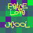 Pixelated yellow text 'PEACE Love' and 'HOOL' on a green and purple checkered background with visible pixelation artifacts.