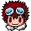 Pixel art contact sheet of three animated frames showing a character with red spiky hair, goggles, and white fur collar in different expressions.