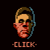 -CLICK- text below a pixelated face with brown hair, blue outline, and red facial damage on black background.