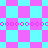 Pixelated pattern of alternating cyan and magenta squares with two horizontal of pink dots, forming a repeating geometric design