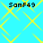 Pixelated blue background with yellow diamond lattice pattern and four identical black text labels reading "SamF49" at corners.