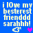 Blue background with white pixelated text reading "i lOve my besterest frienddd sarahhh!" and two small icons below the text.