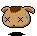 Pixelated cartoon animal head with X eyes, brown patches, blue tears, and black shadow on gray background.