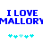 Blue pixelated text "I LOVE MALLORY" repeated twice on white background with cyan puzzle-piece icons below.