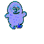 Three static frames of a pixelated blue cartoon character with orange dots, displayed in a contact sheet layout against white and gray backgrounds.