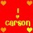 Red background with yellow and orange pixelated hearts, exclamation marks, and the word 'carson' repeated in yellow pixelated text.