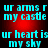 Cyan text on red gradient background with repeated phrases 'ur arms r my castle' and 'ur heart is my sky', static display.