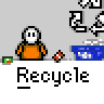 Animated contact sheet of a pixel art character recycling with blue bin, showing sequential motion frames from standing to bending and dropping items.