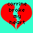 Red broken heart shape with black text 'corrine broke my heart' on cyan background, two identical static frames shown side-by-side.