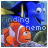 Pixelated image of two cartoon fish characters with blue and orange coloration, overlaid text reading 'Finding Nemo', and a blurred background.