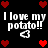Pixelated black background with repeated white text "I love my potato!!" and red heart symbols arranged in a pattern