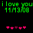 Green pixelated text 'i love you 11/19/08' repeated twice on black background with pink and purple heart symbols below.