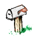 Animated sequence showing a white mailbox on a wooden post with green grass, transitioning from closed to open with a black bird flying away.