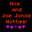 Pixelated orange text on black background reads "Nick and Joe Jonas Hotties!" with five pink/purple heart symbols below, two versions differ in heart color order.