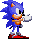 Six pixel-art Sonic the Hedgehog poses on gray background: standing, running, walking, and holding golden rings.