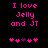 Pixelated pink text on black background reads "I love Jelly and JT" with five heart symbols below, two versions show animation change in heart positions.