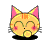 Pixel art contact sheet showing two frames of a yellow cat buddy icon with pink ears, closed eyes, and blush marks on cheeks, one frame featuring a red heart above the head.