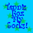 Blue text reading 'Teddy Rox Fly Socks!' on a blue background with green stars, displayed in four identical